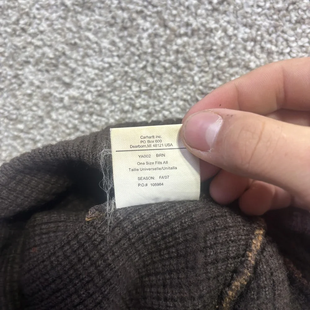 Y2K Carhartt Skull Beanie Mens One‎ Size Brown Knit Logo Stretch Winter Workwear